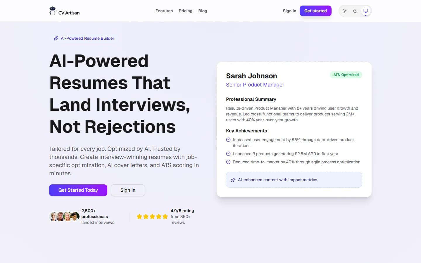 Preview of CV Artisan – AI-Powered Resume Builder